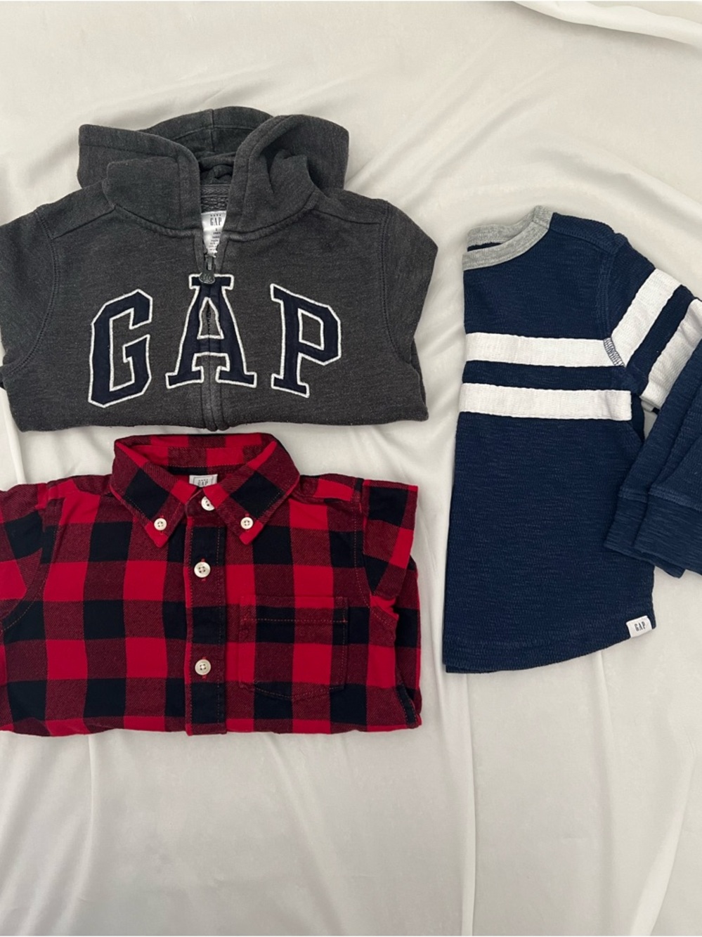 GAP Dark Gray Zip Hoodie with Navy Striped Tee & Red Plaid Shirt Bundle